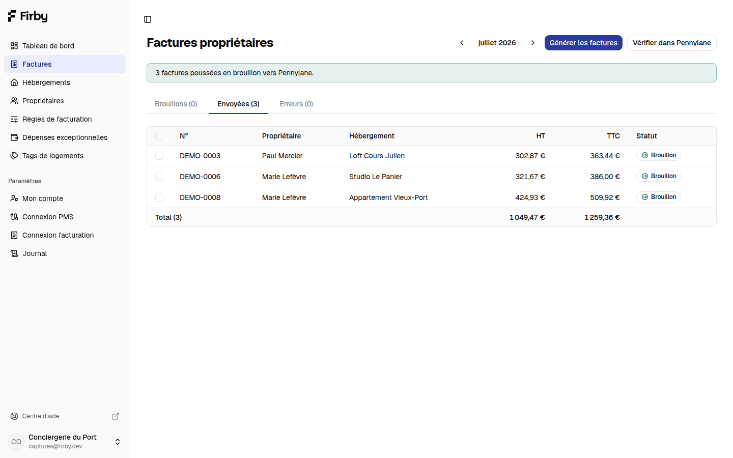 La liste des factures du mois dans Firby, avec leurs statuts et le push vers l’outil de facturation