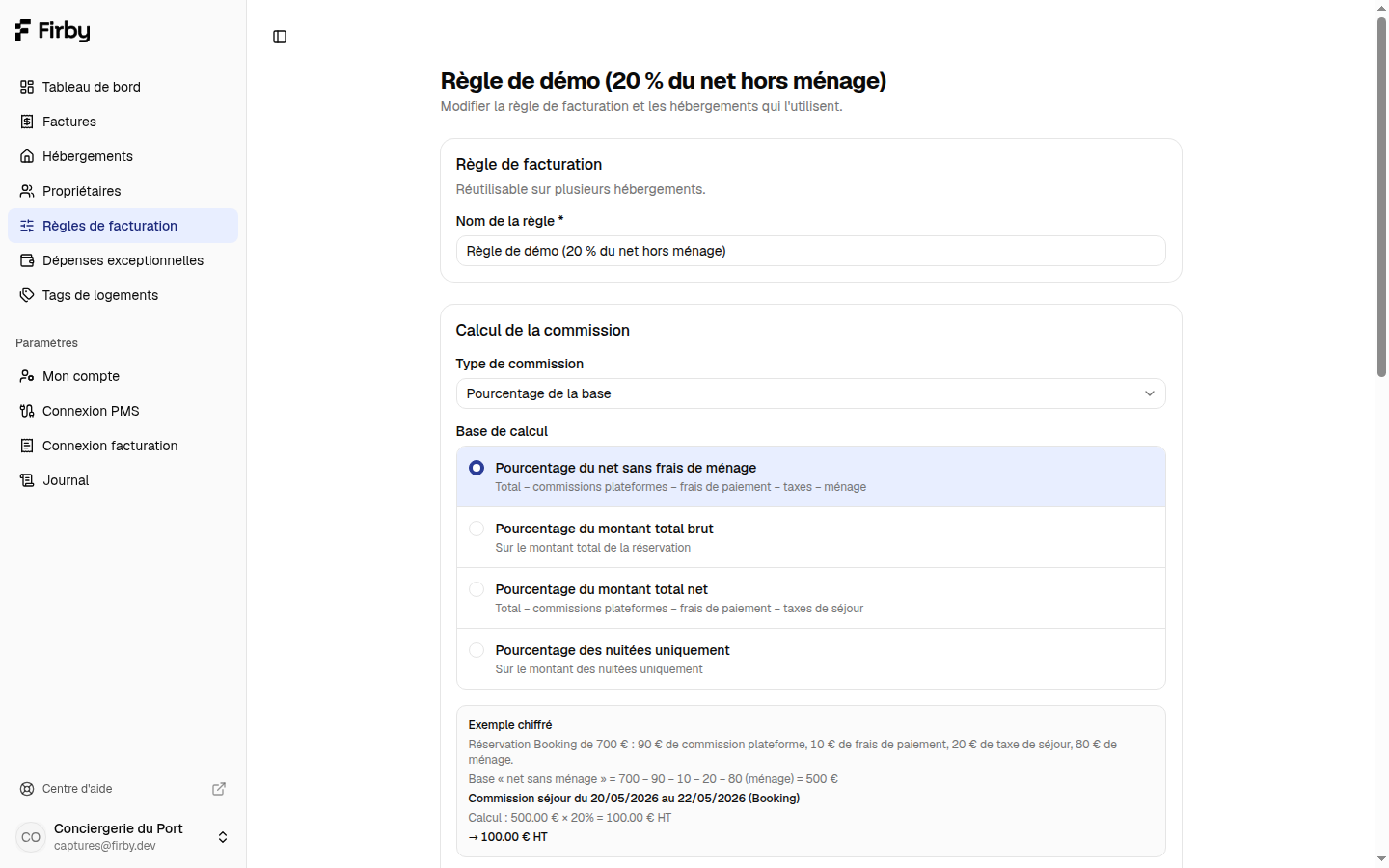 Le formulaire de règle de facturation dans Firby : type de commission, bases de calcul et exemple chiffré
